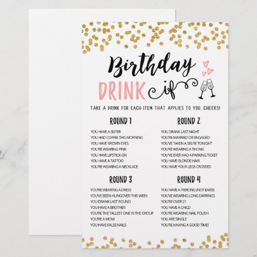 Birthday DRINK IF editable Birthday Party game (Voorkant / Achterkant)