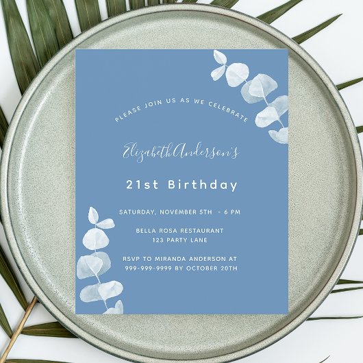 Birthday dusty blue eucalyptus budget uitnodiging flyer