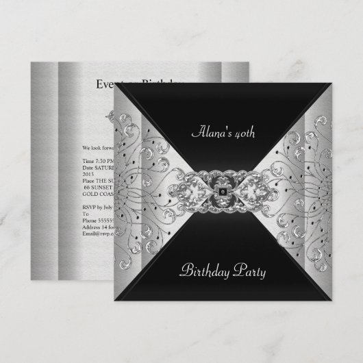 Birthday Elegant Black Silver Event Party Kaart (Voorkant / Achterkant)