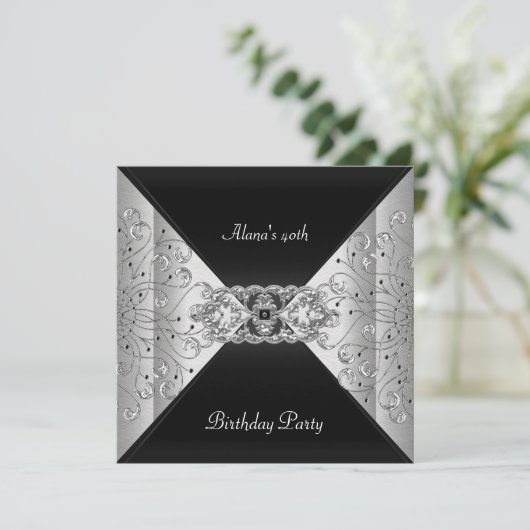 Birthday Elegant Black Silver Event Party Kaart (Staand voorkant)
