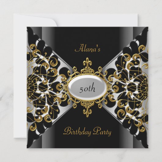 Birthday Elegant Black Silver Gold Party 50th Kaart (Voorkant)