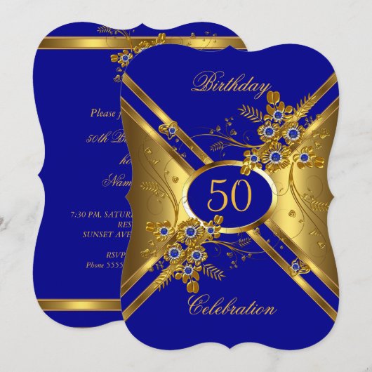 Birthday Elegant Gold Royal Blue Floral Kaart (Voorkant / Achterkant)