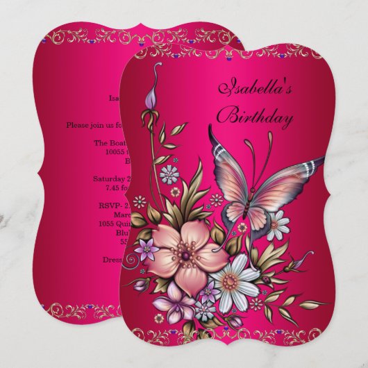 Birthday Elegant Pink Fushia Floral Butterfly Kaart (Voorkant / Achterkant)