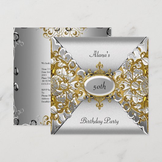 Birthday Elegant Silver Gold Party 50th Kaart (Voorkant / Achterkant)