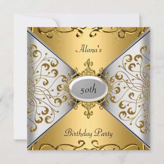 Birthday Elegant Silver Gold Party 50th Kaart (Voorkant)