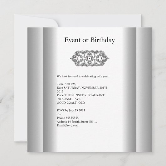 Birthday Elegant White Silver Event Party Kaart (Achterkant)
