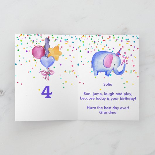 Birthday Elephant Add Name Age Cute Kinder Kaart (Binnen)