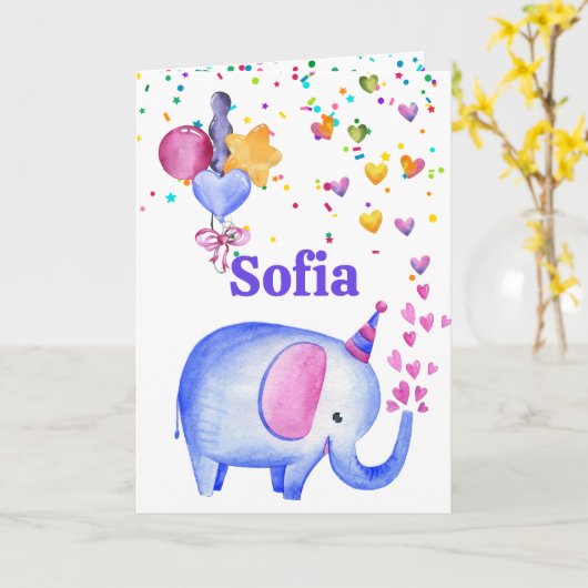 Birthday Elephant Add Name Age Cute Kinder Kaart (Gele Bloem)