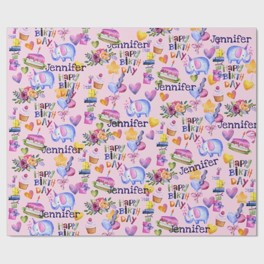 Birthday Elephant Ballons Hearts Naam toevoegen Sc Cadeaupapier (Vlak)