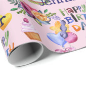 Birthday Elephant Ballons Hearts Naam toevoegen Sc Cadeaupapier (Rol Hoek)