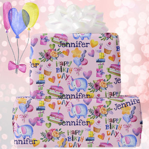 Birthday Elephant Ballons Hearts Naam toevoegen Sc Cadeaupapier