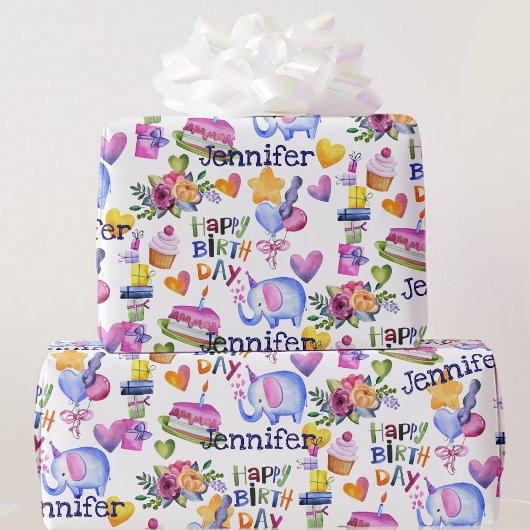 Birthday Elephant Ballons Hearts Naam toevoegen Sc Cadeaupapier