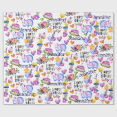 Birthday Elephant Ballons Hearts Naam toevoegen Sc Cadeaupapier (Vlak)