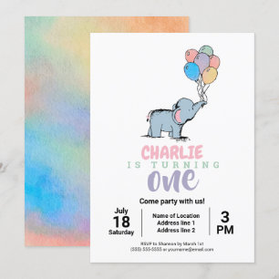 Birthday Elephant Pastel Bunch of Balloons Drawing Kaart