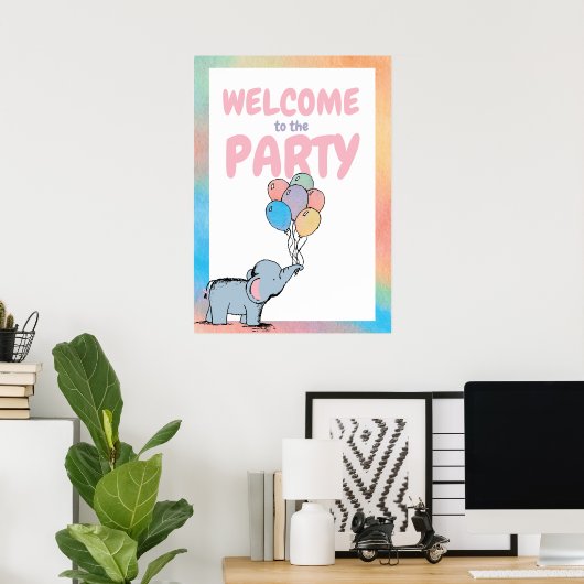 Birthday Elephant Pastel Bunch of Balloons Drawing Poster (Thuiskantoor)