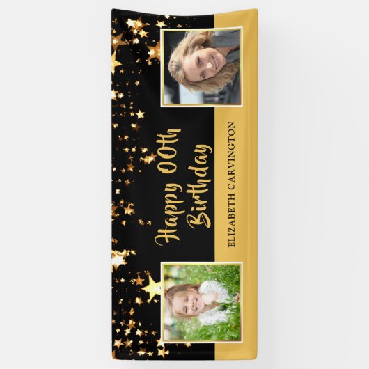 Birthday | Elk jaar | Zwart & bewerkbare gouden fo Spandoek (Verticaal)