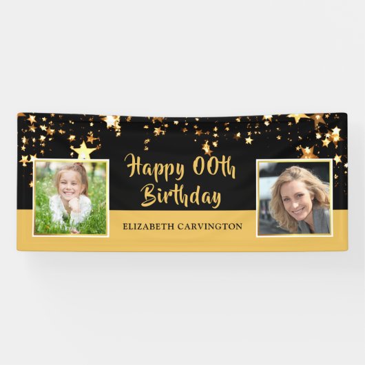Birthday | Elk jaar | Zwart & bewerkbare gouden fo Spandoek (Horizontaal)