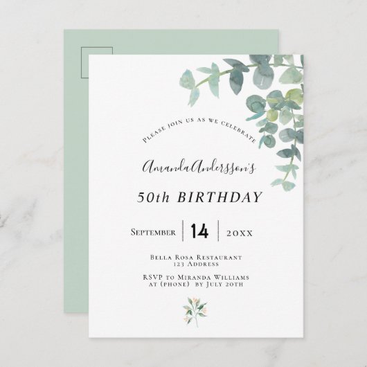 Birthday eucaluptus genera witte uitnodiging (Voorkant / Achterkant)