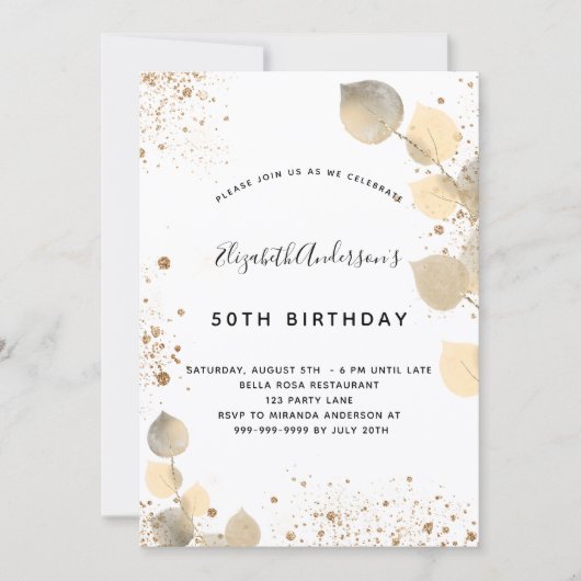 Birthday eucalyptus folia glitter golden kaart (Voorkant)