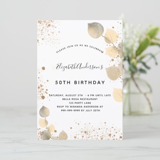 Birthday eucalyptus folia glitter golden kaart (Staand voorkant)