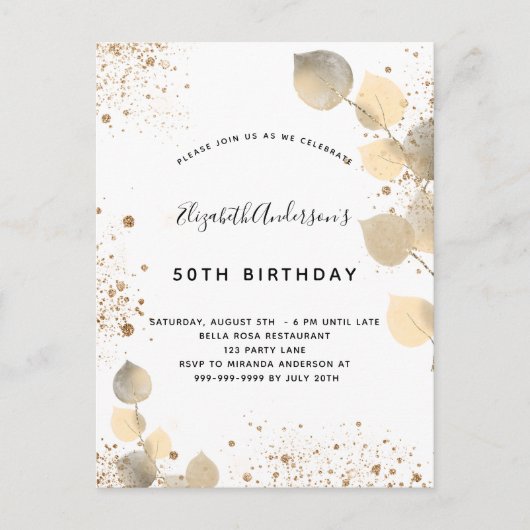 Birthday eucalyptus folia glitter golden uitnodiging briefkaart (Voorkant)