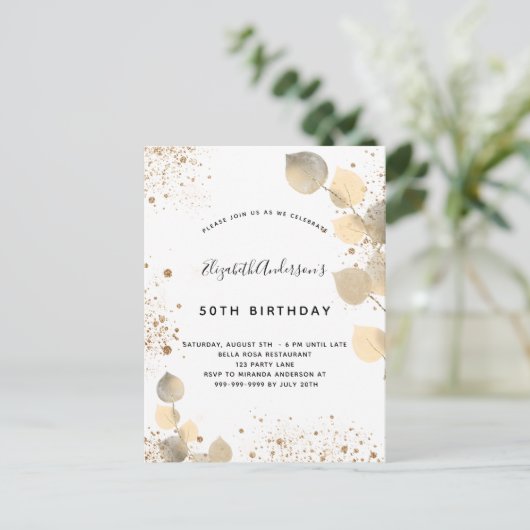 Birthday eucalyptus folia glitter golden uitnodiging briefkaart (Staand voorkant)