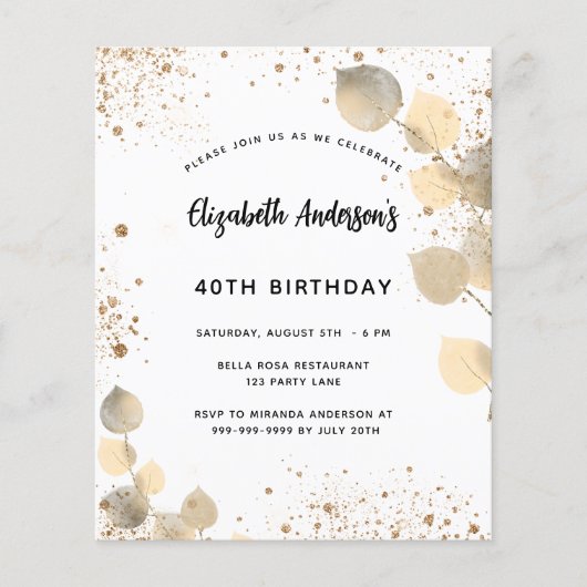 Birthday eucalyptus foliage gold budget uitnodigin flyer (Voorkant)