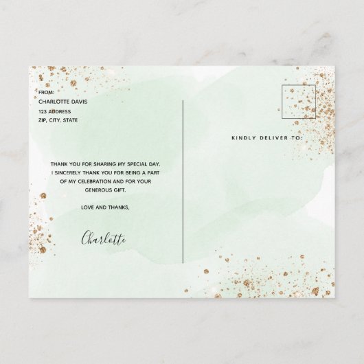 Birthday eucalyptus geenery glitter dank u briefkaart (Achterkant)