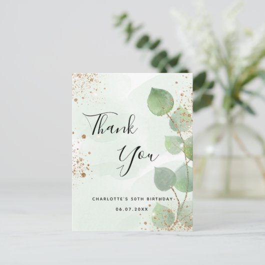 Birthday eucalyptus geenery glitter dank u briefkaart (Staand voorkant)