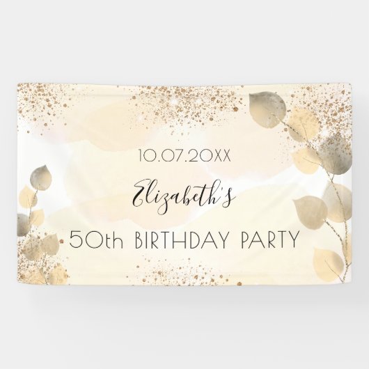 Birthday eucalyptus glitter Gold monogram welkom Spandoek (Horizontaal)