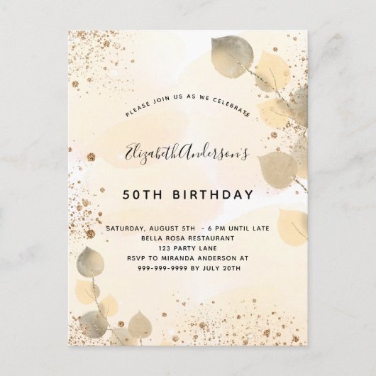 Birthday eucalyptus glitter golden herfst folia uitnodiging briefkaart (Voorkant)