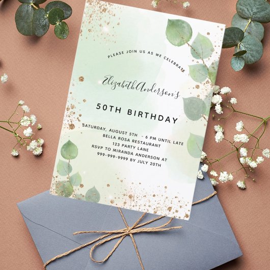 Birthday eucalyptus glitter greenage modern kaart