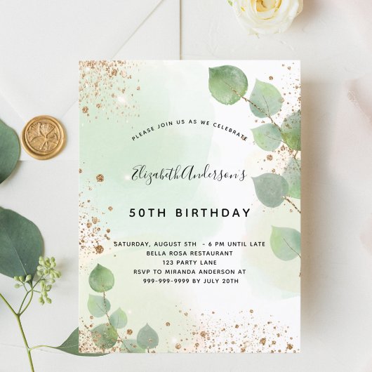 Birthday eucalyptus glitter greenage modern uitnodiging briefkaart
