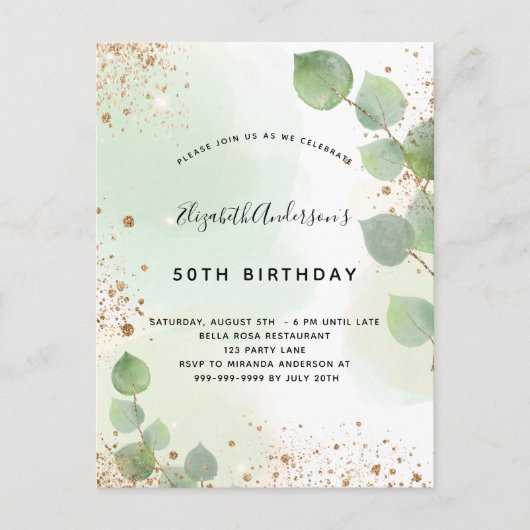 Birthday eucalyptus glitter greenage modern uitnodiging briefkaart (Voorkant)