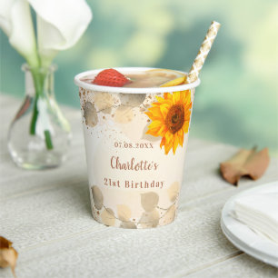 Birthday eucalyptus glitter monogram zonnebloemen papieren bekers