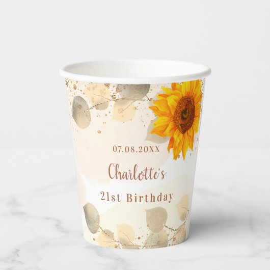Birthday eucalyptus glitter monogram zonnebloemen papieren bekers (Achterkant)