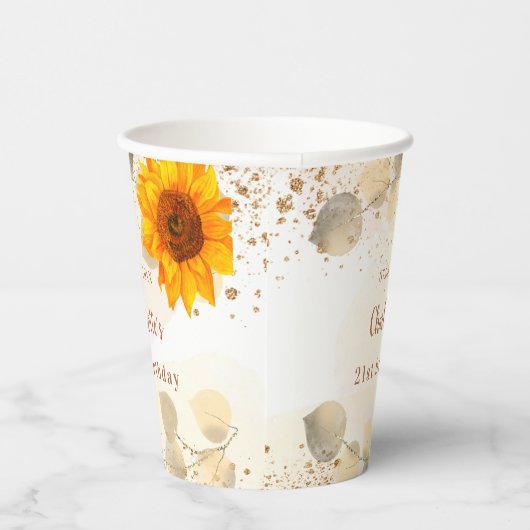 Birthday eucalyptus glitter monogram zonnebloemen papieren bekers (Rechts)