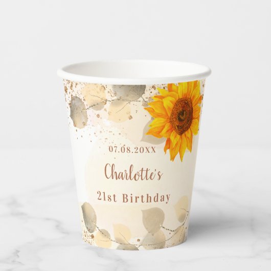 Birthday eucalyptus glitter monogram zonnebloemen papieren bekers (Voorkant)