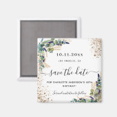 Birthday eucalyptus gold glitter save the date magneet (Voorkant / Achterkant)