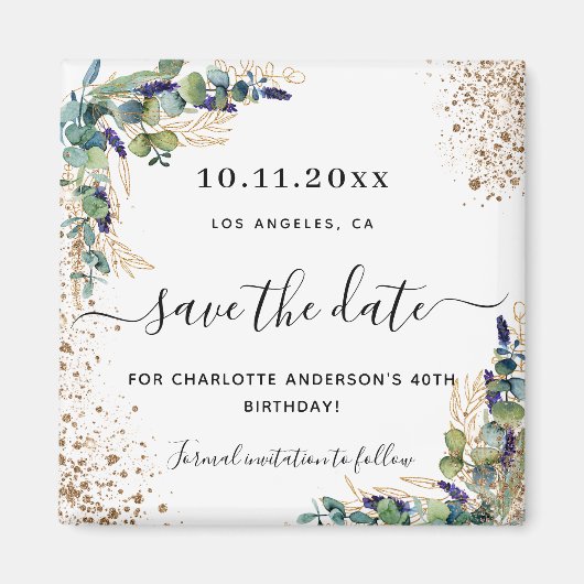 Birthday eucalyptus gold glitter save the date magneet (Voorkant)