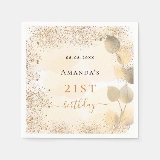 Birthday eucalyptus golden glitter monogram napkin servet (Voorkant)