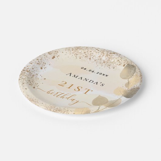 Birthday eucalyptus golden glitter monogram papieren bordje (Gekanteld)