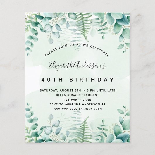 Birthday eucalyptus greenery budget uitnodiging flyer (Voorkant)