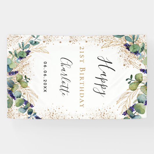 Birthday eucalyptus greenery elegant monogram spandoek (Horizontaal)