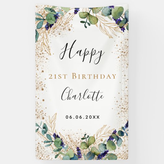 Birthday eucalyptus greenery elegant monogram spandoek (Verticaal)