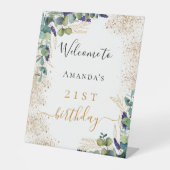 Birthday eucalyptus greenery elegant welkom reclamebord met voetstuk (Voorkant)