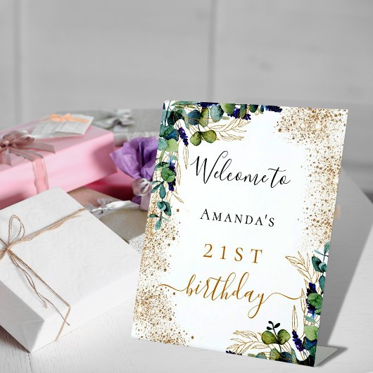 Birthday eucalyptus greenery elegant welkom reclamebord met voetstuk