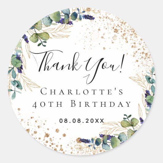 Birthday eucalyptus greenery glitter dank u ronde sticker (Voorkant)