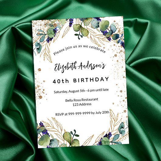 Birthday eucalyptus greenery glitter gold luxe kaart
