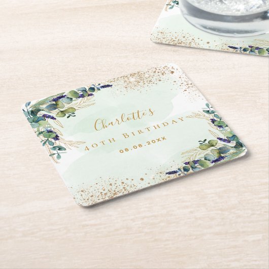 Birthday eucalyptus greenery glitter monogram kartonnen onderzetters (Schuin)